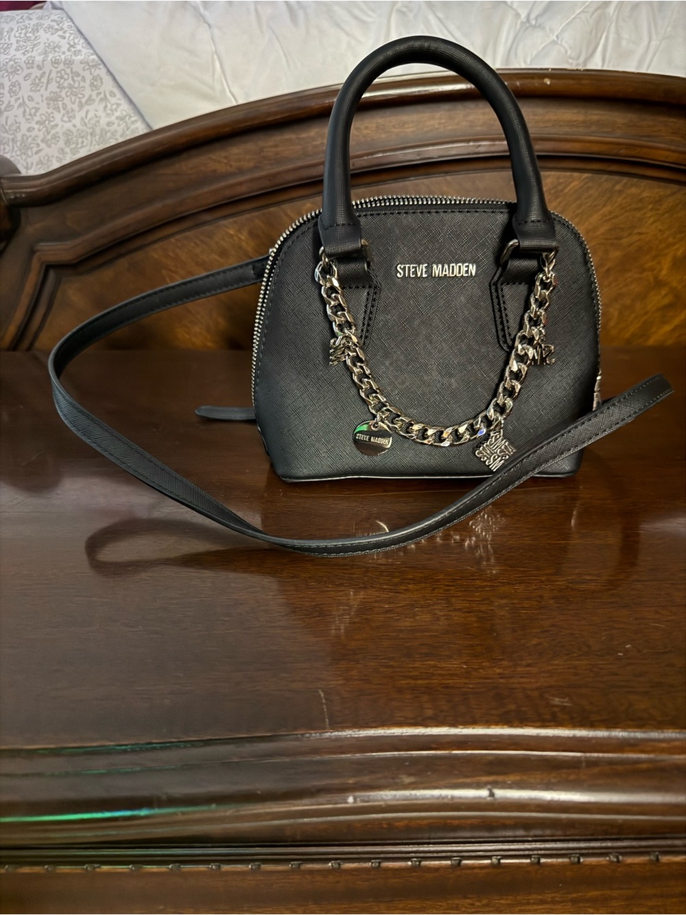 Steve Madden Black Mini Dome Satchel with Chain Accent